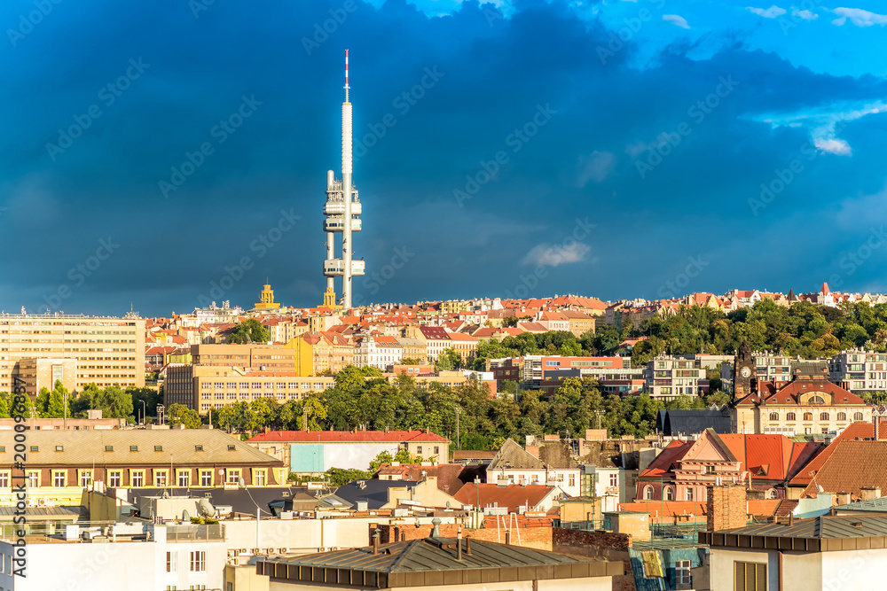 Prague cityscape with the famous Zizkov Television Tower