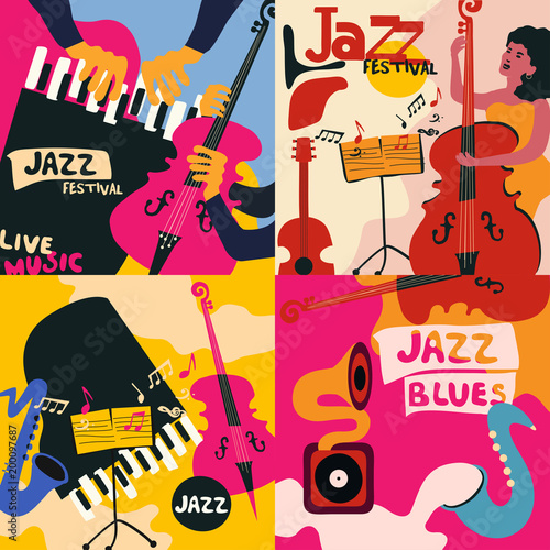 Set of music cards and banners. Music cards with instruments flat vector illustration. Jazz music festival banners. Colorful jazz concert posters