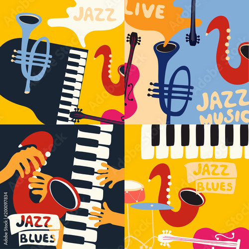 Set of music cards and banners. Music cards with instruments flat vector illustration. Jazz music festival banners. Colorful jazz concert posters