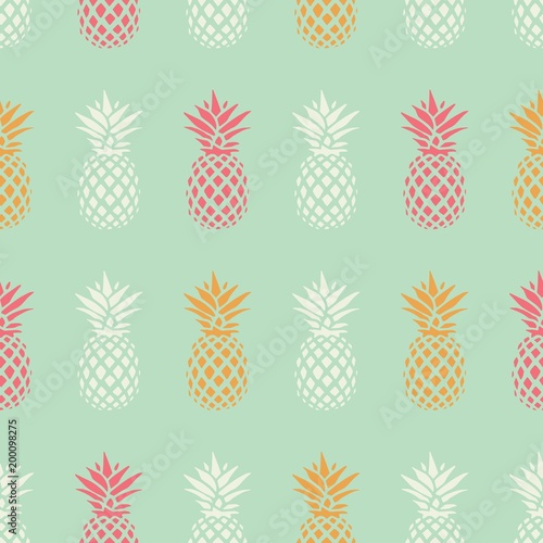 Pineapple seamless pattern on mint background, vector illustration