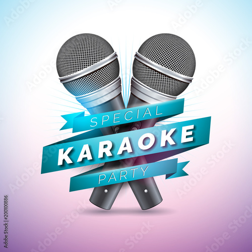 Vector Flyer illustration on a Karaoke Party theme with microphones and ribbon on violet background.