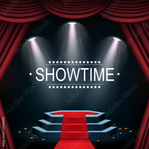 Showtime banner with podium and curtain illuminated by spotlights
