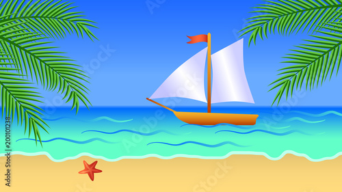 Sea background with sea  palm trees  sand  sky  starfish and ship