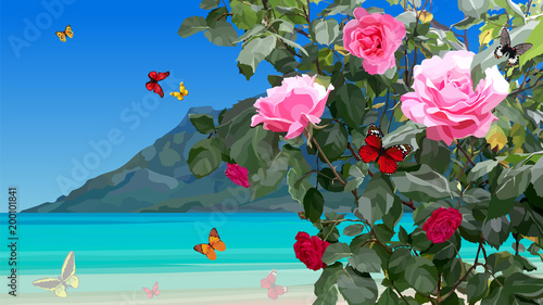 azure coast with rose bushes and flying butterflies