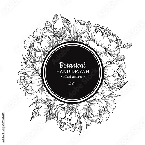 Flower vintage vector frame drawing. Peony, rose, leaves and ber