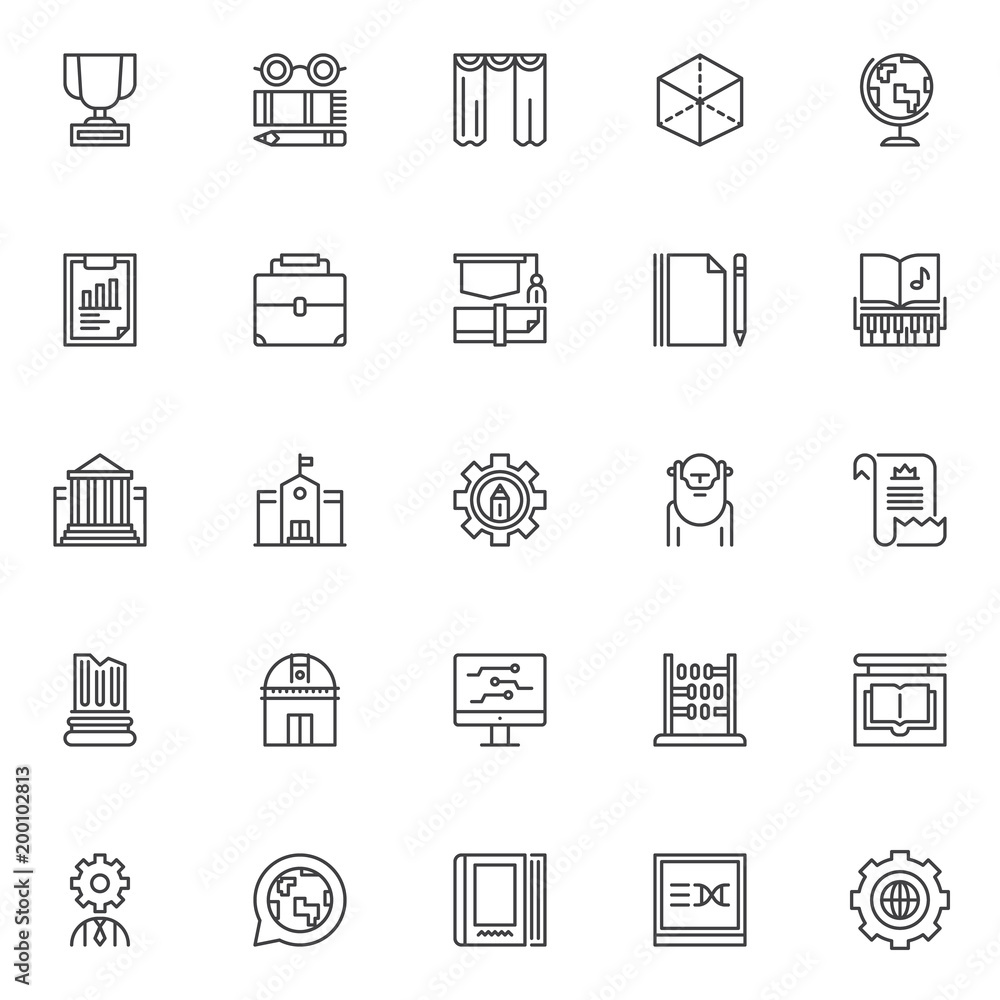 Education and knowledge outline icons set. linear style symbols collection, line signs pack. vector graphics. Set includes icons as trophy, glasses, book and pencil, curtain, 3D Cube with projection Education and knowledge outline icons set. linear style symbols collection, line signs pack. vector graphics. Set includes icons as trophy, glasses, book and pencil, curtain, 3D Cube with projection