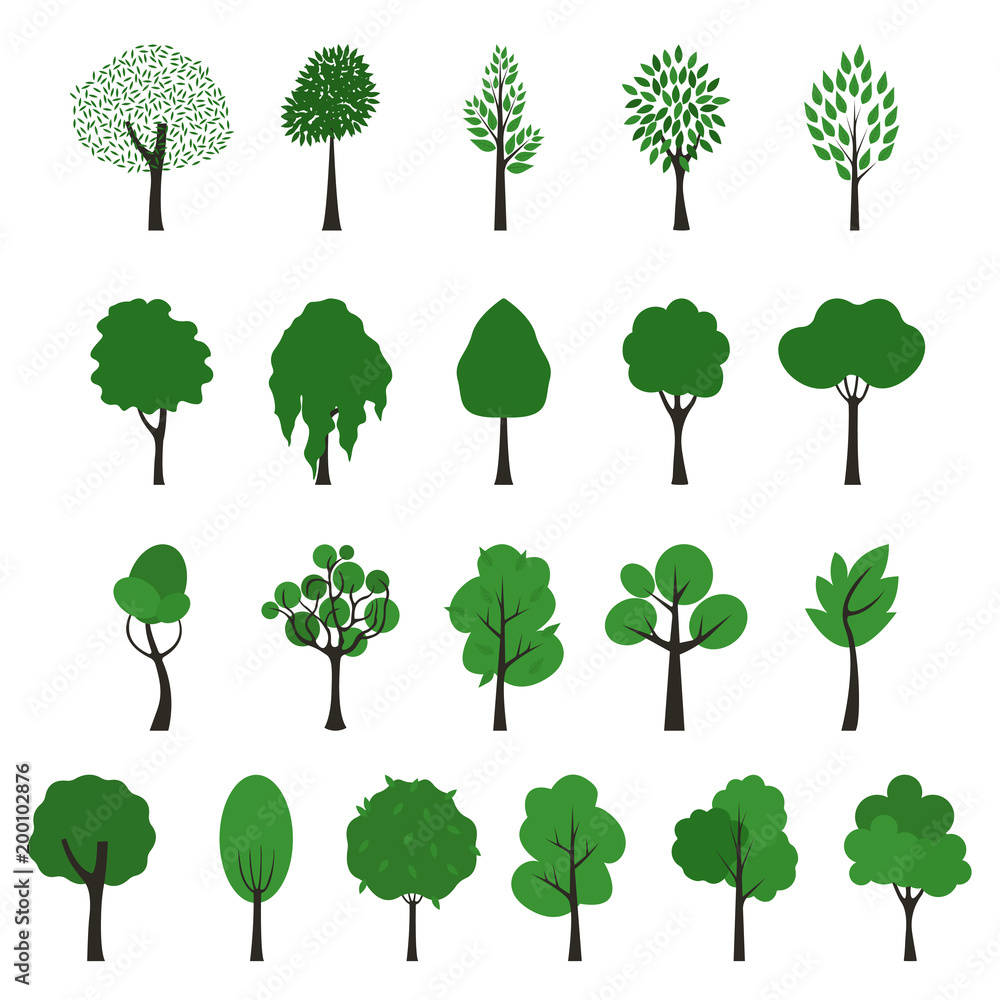 Trees icons. Vector set of trees of different shapes on white ...