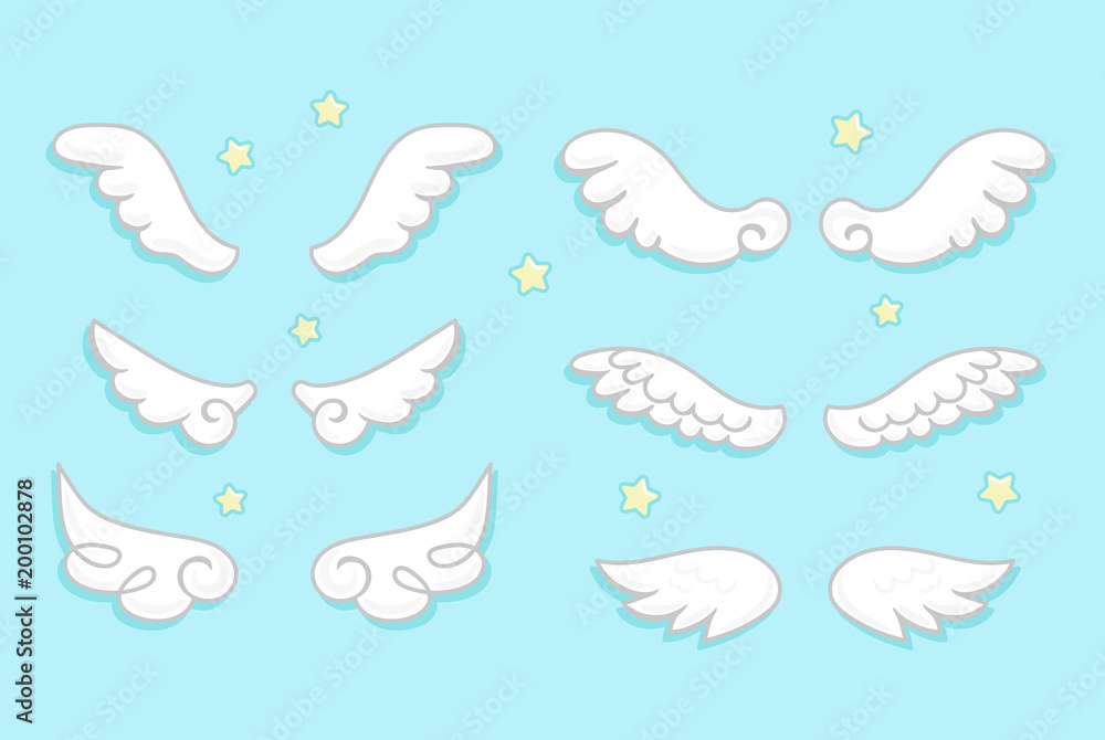 Cartoon angel wings set with stars. Cute hand drawn collection of wings  isolated on white background. Cartoon wings icons. Vector illustration.  Stock Vector | Adobe Stock