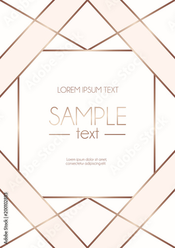 Geometric rose gold design template with blush pink and white abstract shapes. Modern design template for wedding invitation, greeting card, anniversary.  Vector illustration.