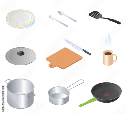 Flat isometric illustration of kitchen utensils, kitchenware and cookware set. The cooking equipment, cuisine accessories, crockery vector elements isolated on white background.