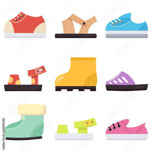 Kids shoes for baby boy and girls set. Children's sneakers, sandals and boots vector cartoon flat icons isolated on white background.