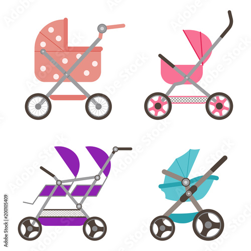 Baby doll stroller set. Buggy vector cartoon flat icons isolated on white background.