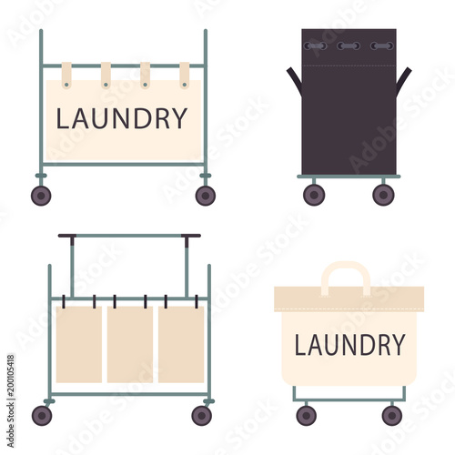 Laundry hamper with wheels vector flat icons set isolated on a white background.