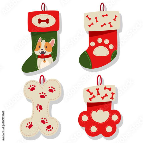 Dog Christmas stocking icons collection. Socks for puppy vector cartoon flat set isolated on a white background.