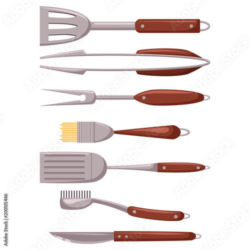 Barbecue tools set. Grill utensil vector cartoon flat icons isolated on white background.