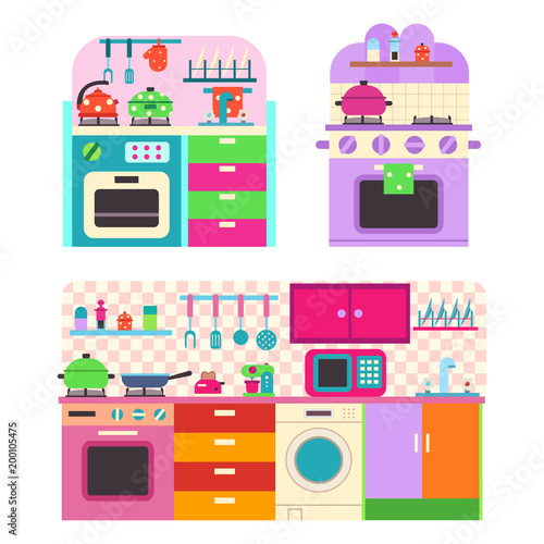 Toy kitchen set with utensil and household appliances for children. Vector cartoon flat illustration isolated on white background.