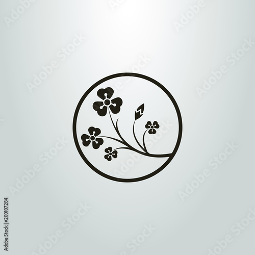 shape of a branch of wildflowers in a round frame. a simple black and white pictogram. round icon.