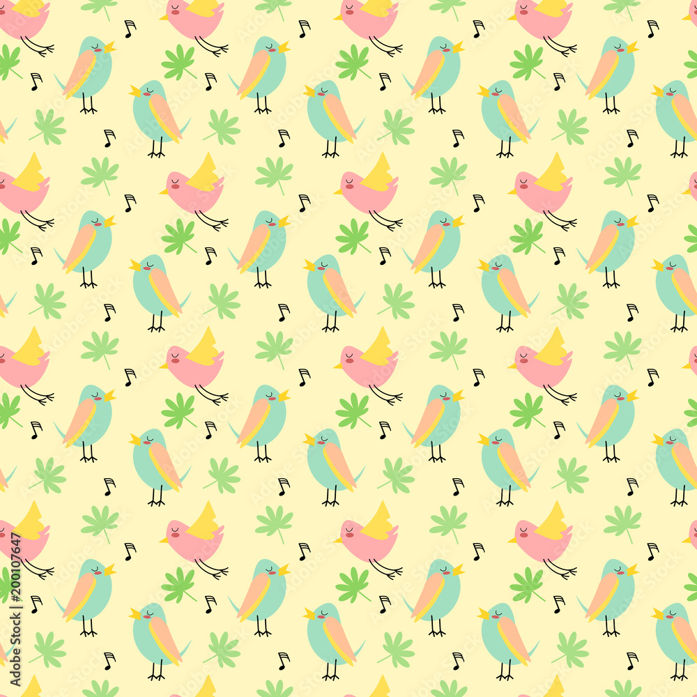 Obraz premium seamless pattern vector of cute tiny bird on pastel colored background 