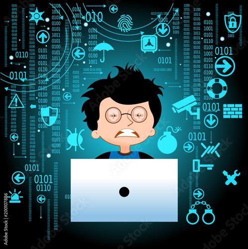 Adolescent and virus in laptop