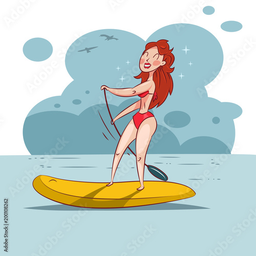 SUP stand up illustration with a cute girl with red hair, in a red bikini with an oar in hands and on a surfboard in the sea or the ocean. Vector cartoon.