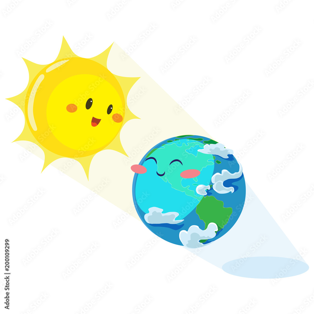 Earth day, happy sun heats earth with its yellow warm rays, ecology concept of love the world, green and blue globe protection, global eco save nature vector illustration isolated on white background