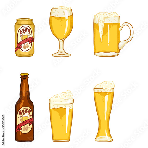 Vector Cartoon Set of Beer Glasses, Bottle and Can.