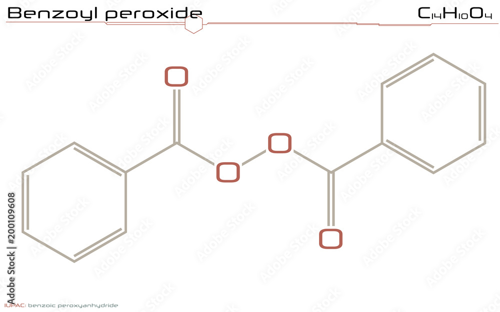 Large and detailed infographic of the molecule of Benzoylperoxide. Large and detailed infographic of the molecule of Benzoylperoxide.