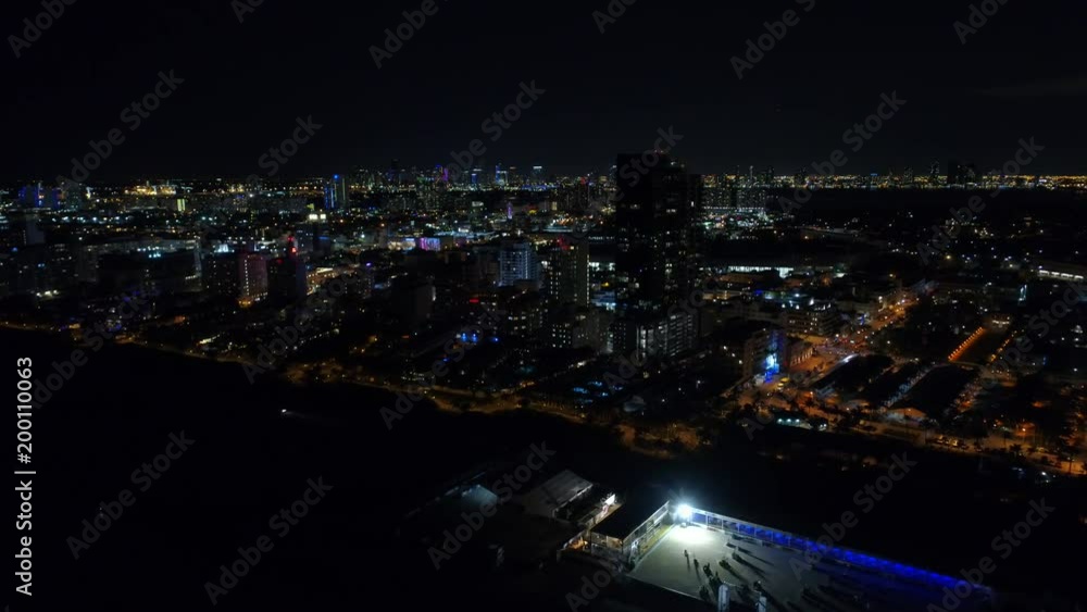 Aerial pull out night shot Miami Beach Florida USA Aerial pull out night shot Miami Beach Florida USA