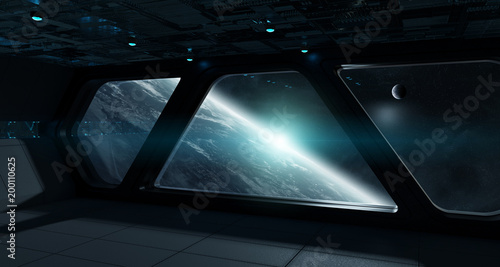 Spaceship futuristic interior with view on planet Earth