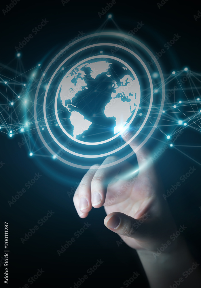 Businesswoman using planet earth network sphere 3D rendering Businesswoman using planet earth network sphere 3D rendering