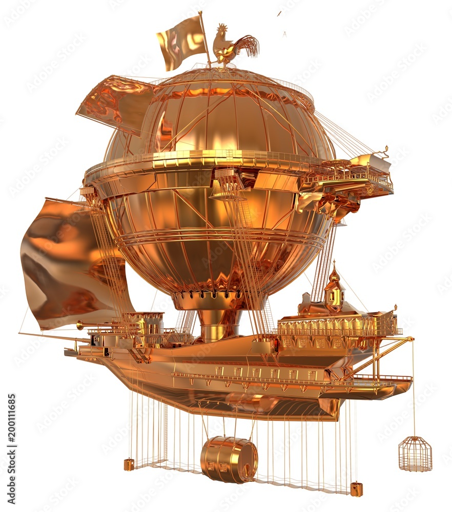 Fototapeta premium Golden Fantasy Airship Zeppelin Dirigible Balloon 3D illustration isolated on white