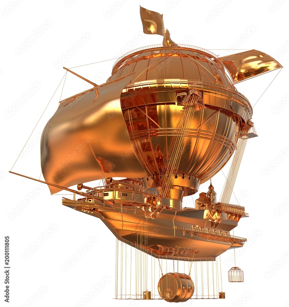 Obraz premium Golden Fantasy Airship Zeppelin Dirigible Balloon 3D illustration isolated on white