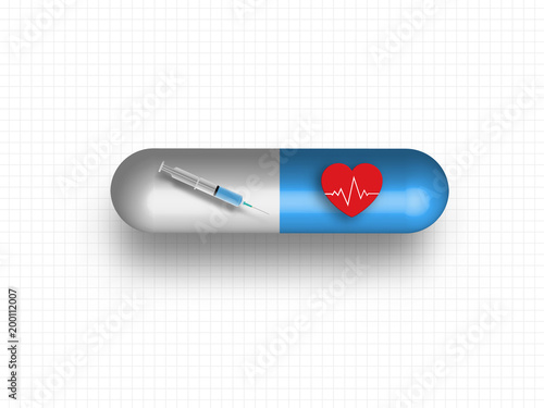 Needle and cardiogram in the medicine model on grid background. Concept of medical and health care. Technology Background. Vector Illustration.