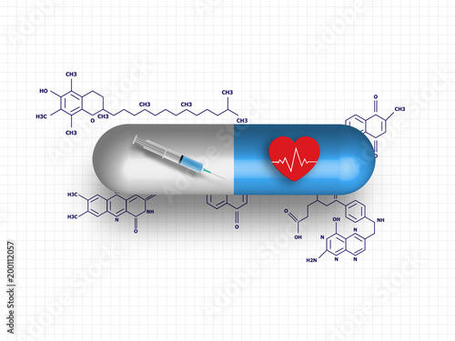 Needle and cardiogram in the medicine model on grid background and chemistry formula. Concept of medical and health care. Technology Background. Vector Illustration.