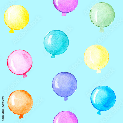 Watercolor balloon pattern on blue background. Design for print, card, banner. Hand painting illustration