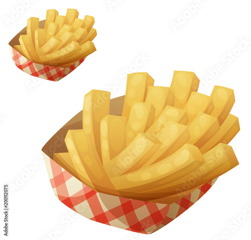 French fries in the paper basket. Vector icon isolated on white background