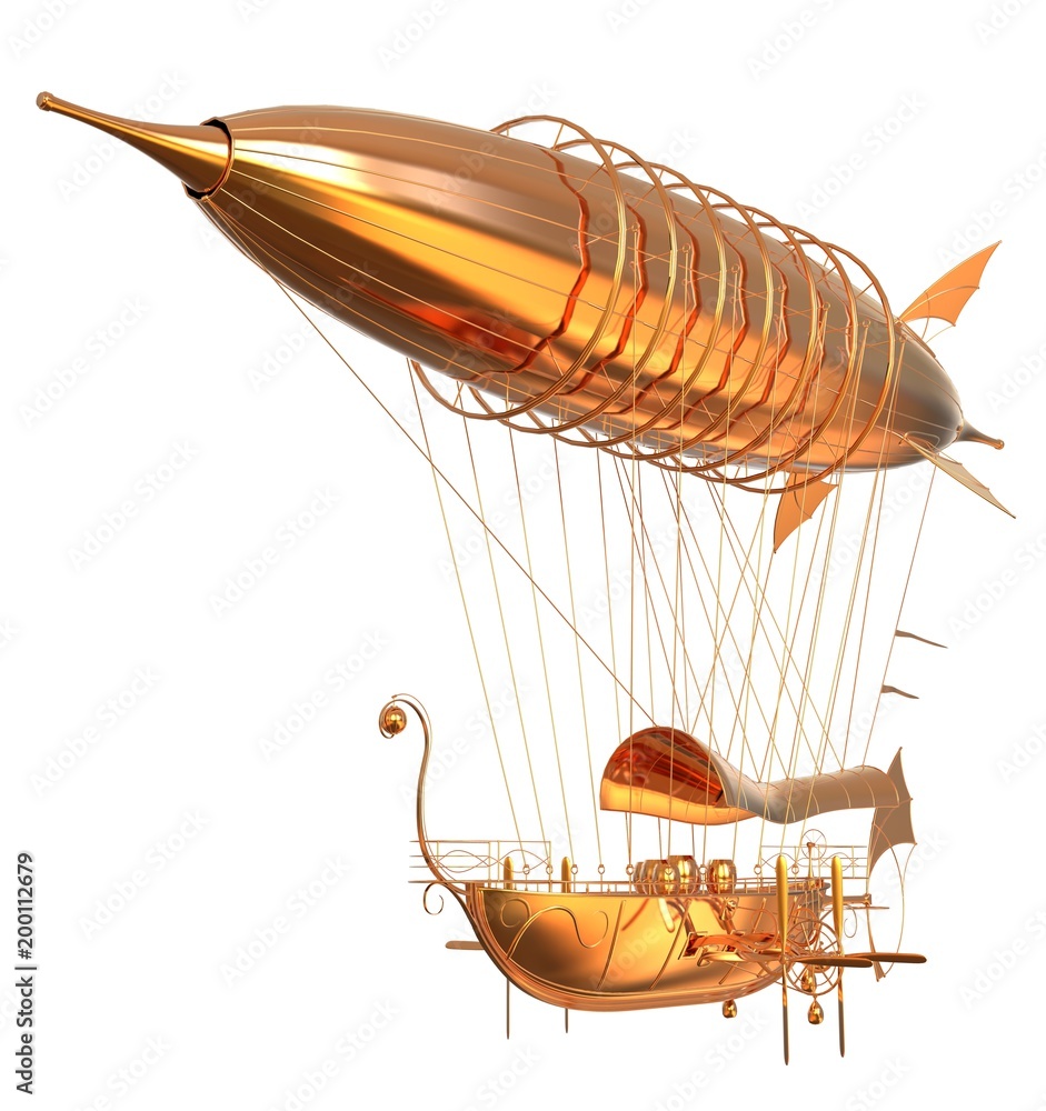 Obraz premium Golden Fantasy Airship Zeppelin Dirigible Balloon 3D illustration isolated on white