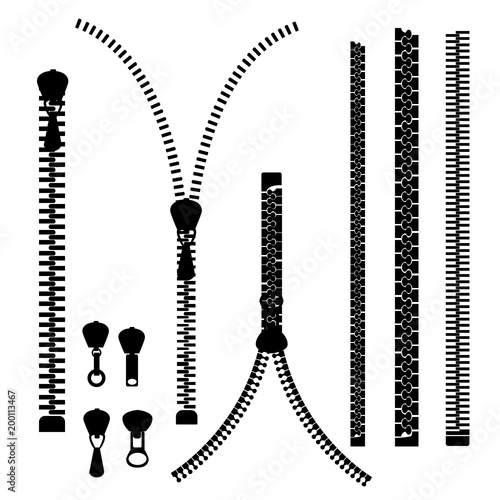 Black silhouette. Vector icon closed and open zipper, fastener. Set of zipper. Metal zip. Vector illustration isolated on white background. Web site page and mobile app design