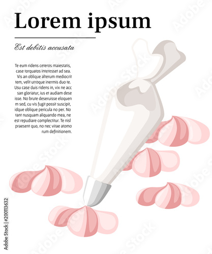 Pastry bag for decorate cakes with cream. Cooking and bakery process. Cartoon style design. Vector illustration with place for your text on white background. Web site page and mobile app design