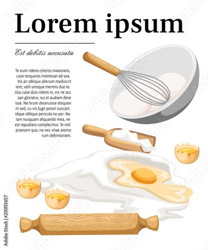Flour and yolk. Cooking process of dough with shovel, wooden rolling pin and bowl with whisk. Cartoon style design. Vector illustration with place for your text on white background
