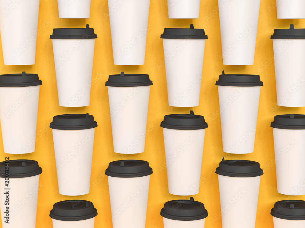 paper cups tamplate 3d with a lid standing on a plane under natural light. Yellow background. Rendering. paper cups tamplate 3d with a lid standing on a plane under natural light. Yellow background. Rendering.