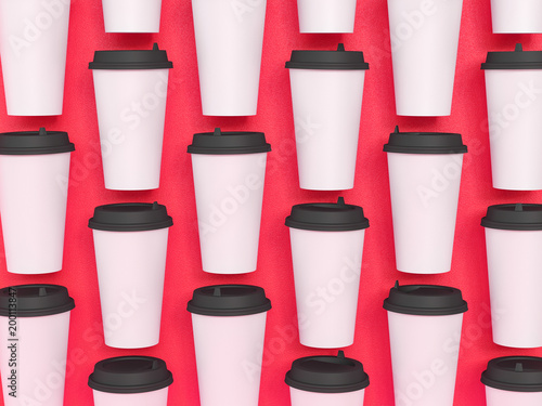 paper cups tamplate 3d with a lid standing on a plane under natural light. Red background. Rendering.
