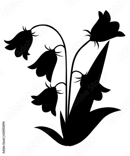 Black silhouette. Bluebell flower with leaves. Floral icon. Vector illustration isolated on white background. Web site page and mobile app design