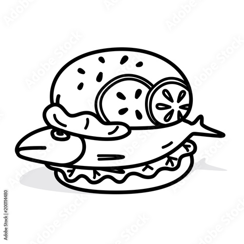 Vector fish burger made from genuine fish meat ingredients with line style isolated on white background.