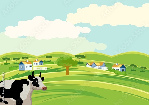 Concept countryside vector view, farm houses, horses and cows, livestock, tractor, green hills, fresh agriculture products