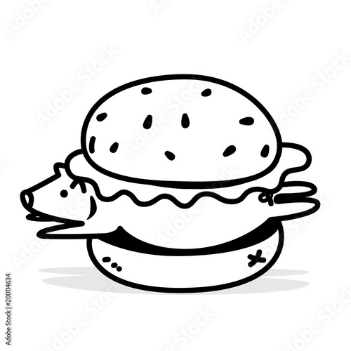 Vector pork burger made from genuine pork meat ingredients with line style isolated on white background.