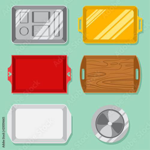 Empty food tray set: plastic, wooden, gold, silver, cloche, for fast food, school cafeteria and breakfast. Vector flat illustration of plates for serving meal, top view.