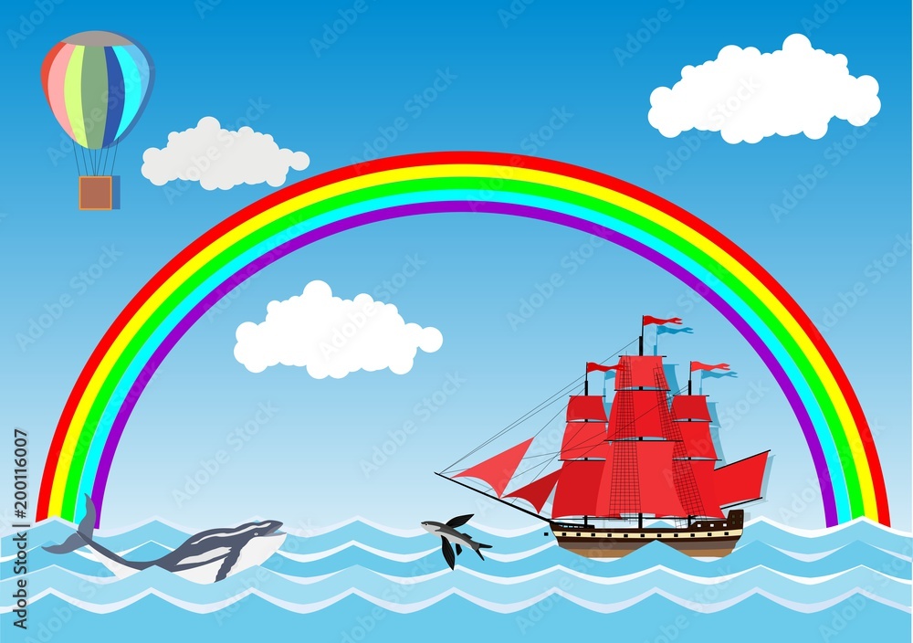 Sailing ship swimming in sea waves, rainbow and fishes in background, flat cartoon cute vector illustration Sailing ship swimming in sea waves, rainbow and fishes in background, flat cartoon cute vector illustration