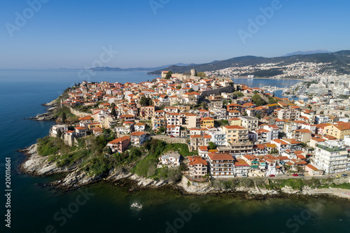 Fototapeta Naklejka Na Ścianę i Meble -  Aerial view the city of Kavala in northern Greek, ancient aqueduct Kamares, homes and medieval city wall