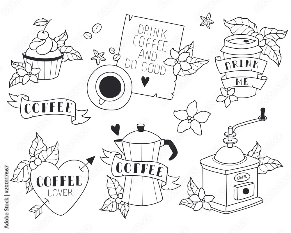 coffee illustrations set cute style coffee machine grinder mug cup quotes about coffee print stickers icons black and white line art stock vector adobe stock